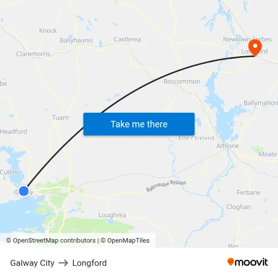 Galway City to Longford map