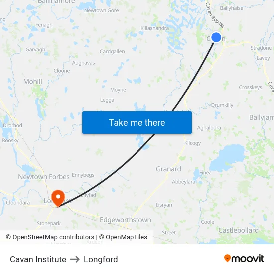 Cavan Institute to Longford map