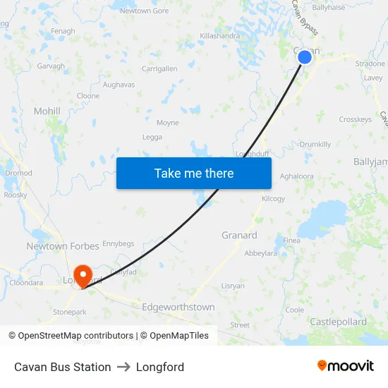 Cavan Bus Station to Longford map
