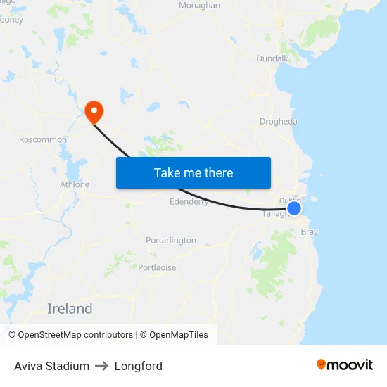 Aviva Stadium to Longford map