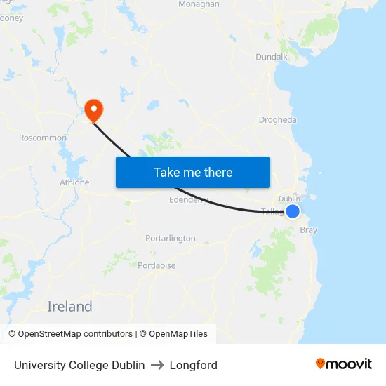 University College Dublin to Longford map