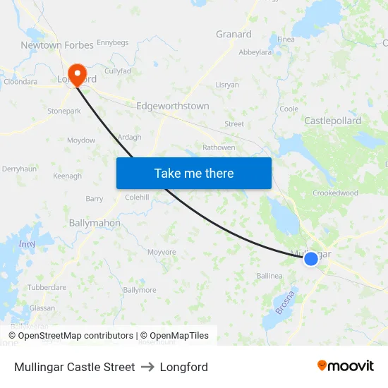 Mullingar Castle Street to Longford map