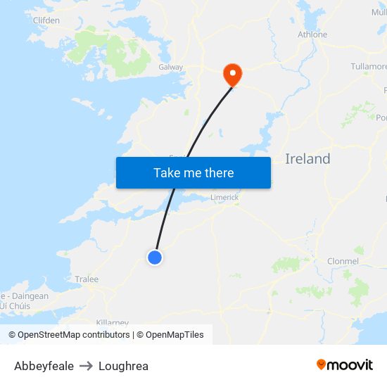 Abbeyfeale to Loughrea map