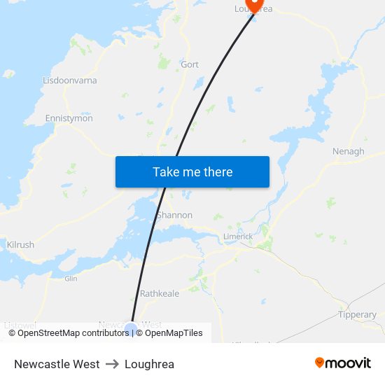 Newcastle West to Loughrea map