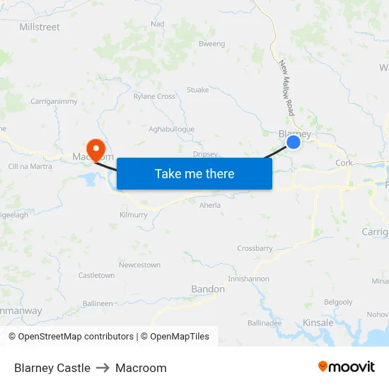 Blarney Castle to Macroom map