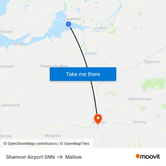 Shannon Airport SNN to Mallow map