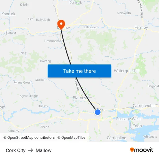 Cork City to Mallow map