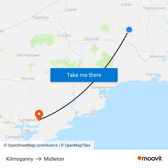 Kilmoganny to Midleton map