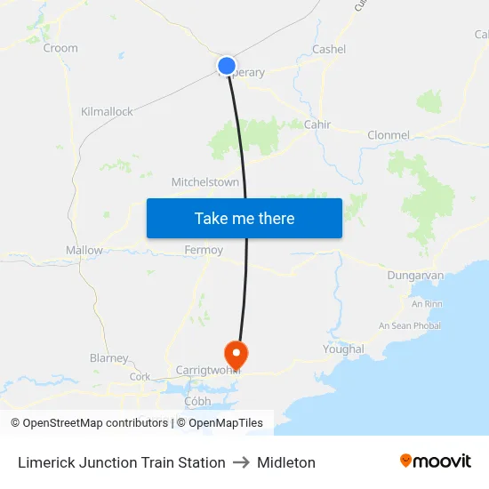 Limerick Junction Train Station to Midleton map