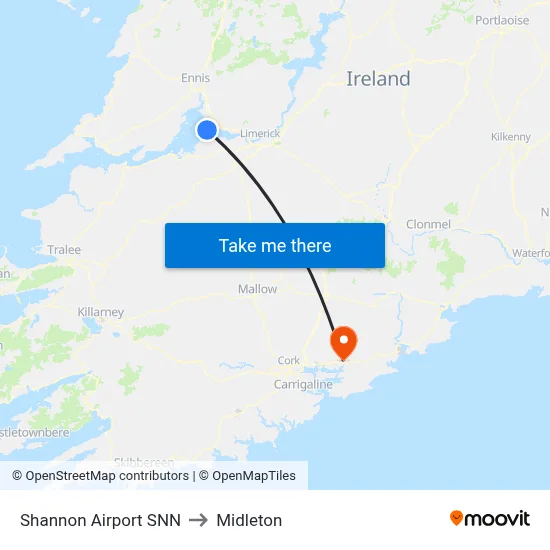 Shannon Airport SNN to Midleton map