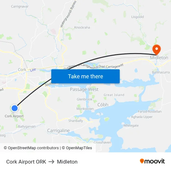 Cork Airport ORK to Midleton map