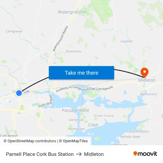Parnell Place Cork Bus Station to Midleton map