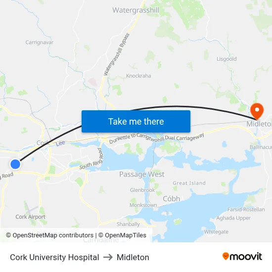 Cork University Hospital to Midleton map