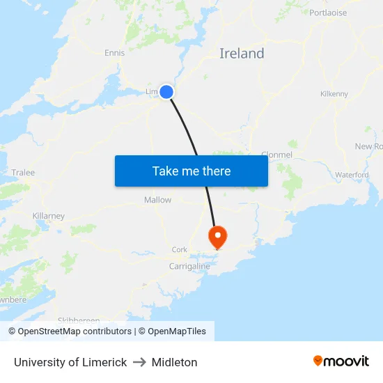 University of Limerick to Midleton map