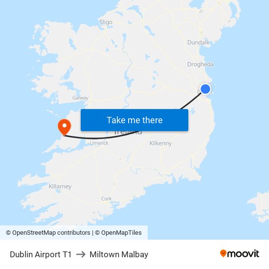 Dublin Airport T1 to Miltown Malbay map