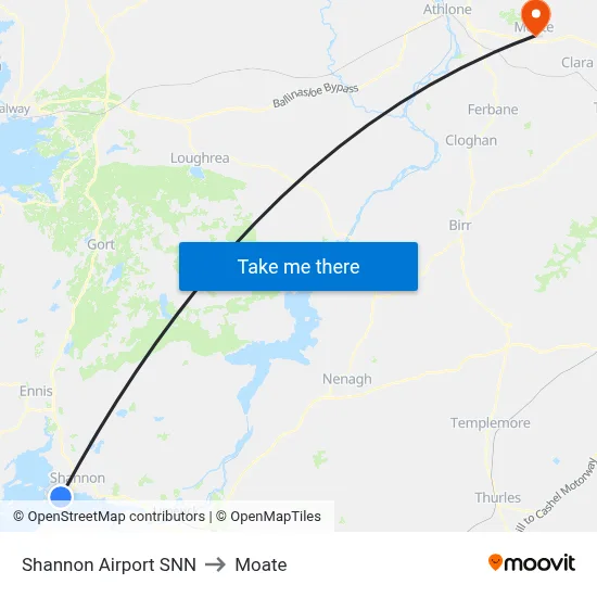 Shannon Airport SNN to Moate map