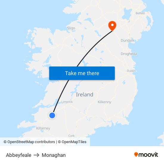 Abbeyfeale to Monaghan map