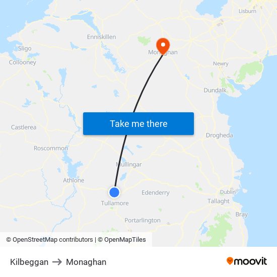 Kilbeggan to Monaghan map