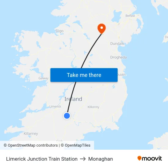 Limerick Junction Train Station to Monaghan map