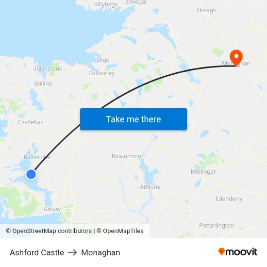 Ashford Castle to Monaghan map
