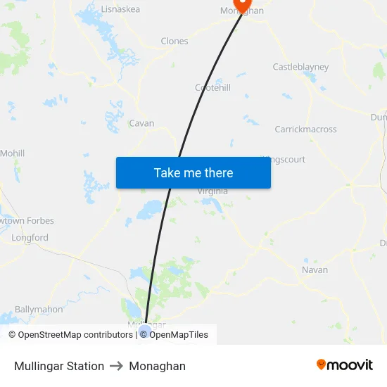 Mullingar Station to Monaghan map