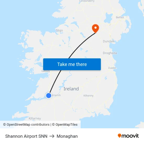 Shannon Airport SNN to Monaghan map