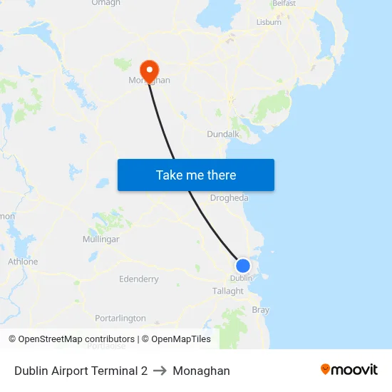 Dublin Airport Terminal 2 to Monaghan map