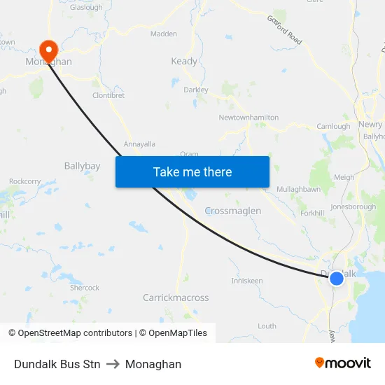 Dundalk Bus Stn to Monaghan map