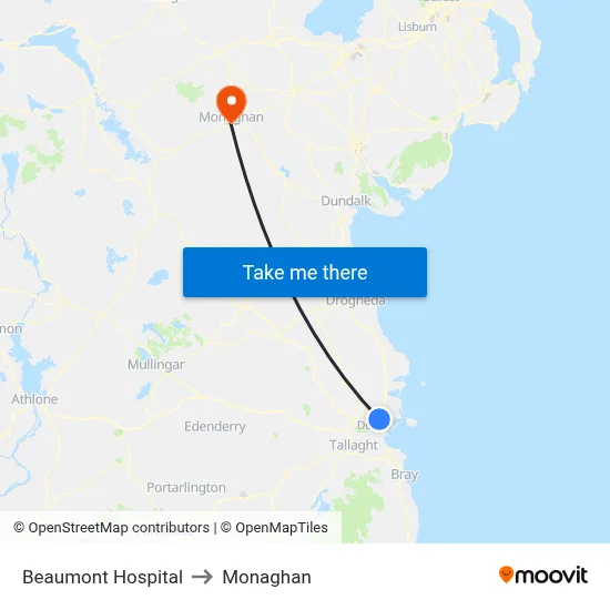 Beaumont Hospital to Monaghan map
