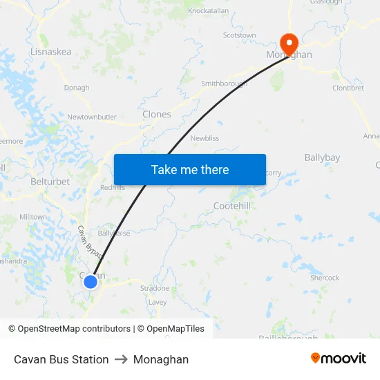 Cavan Bus Station to Monaghan map