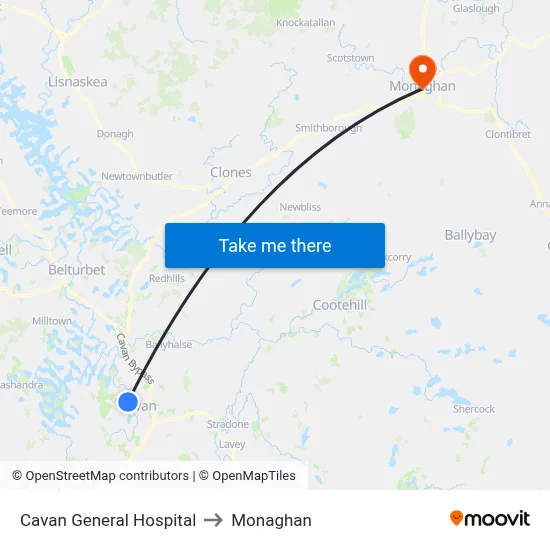 Cavan General Hospital to Monaghan map