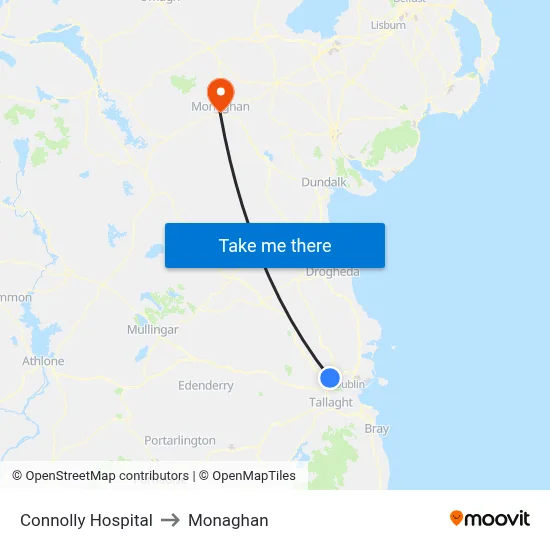 Connolly Hospital to Monaghan map