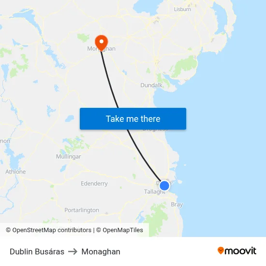 Dublin Busáras to Monaghan map