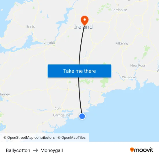 Ballycotton to Moneygall map