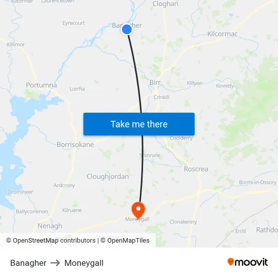 Banagher to Moneygall map