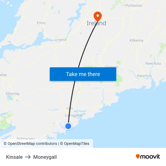 Kinsale to Moneygall map