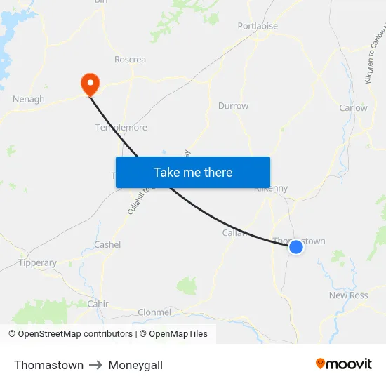 Thomastown to Moneygall map