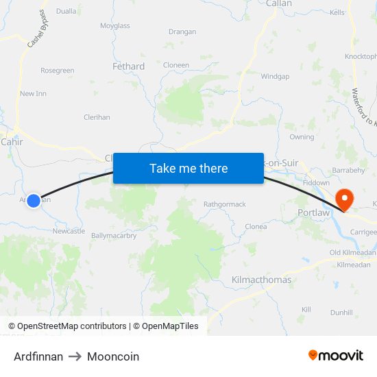 Ardfinnan to Mooncoin map