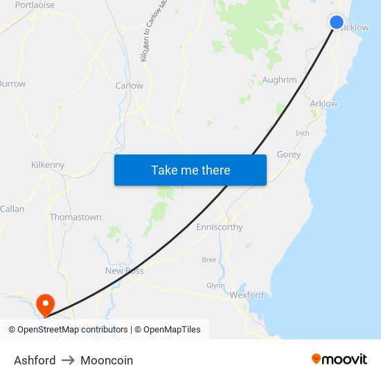 Ashford to Mooncoin map