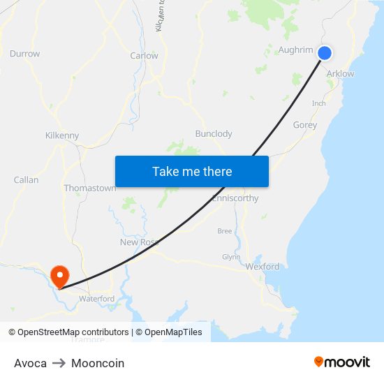 Avoca to Mooncoin map