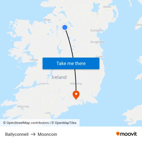 Ballyconnell to Mooncoin map