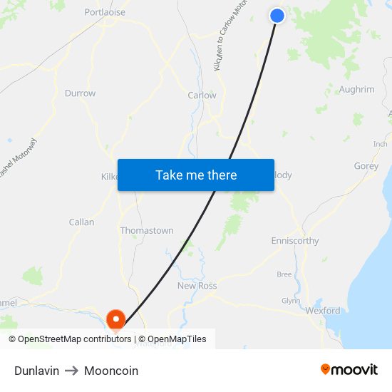 Dunlavin to Mooncoin map