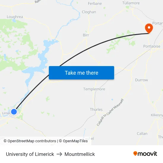 University of Limerick to Mountmellick map