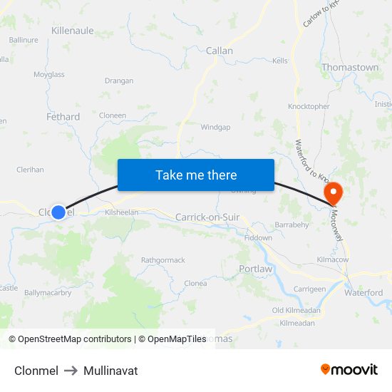 Clonmel to Mullinavat map