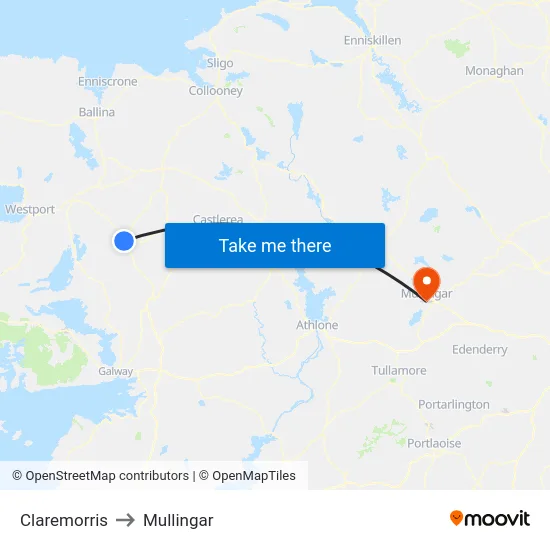Claremorris to Mullingar map