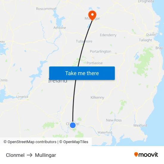 Clonmel to Mullingar map