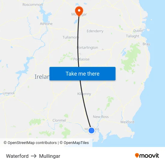 Waterford to Mullingar map