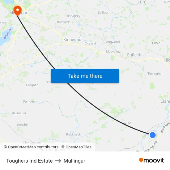 Toughers Ind Estate to Mullingar map