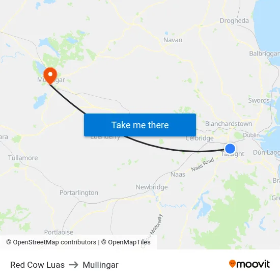 Red Cow Luas to Mullingar map