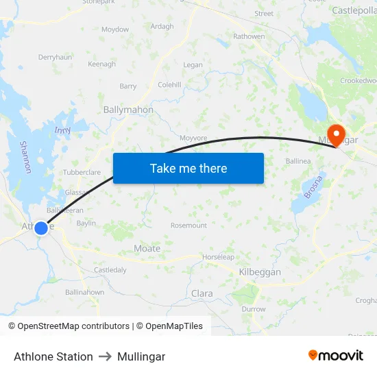 Athlone Station to Mullingar map